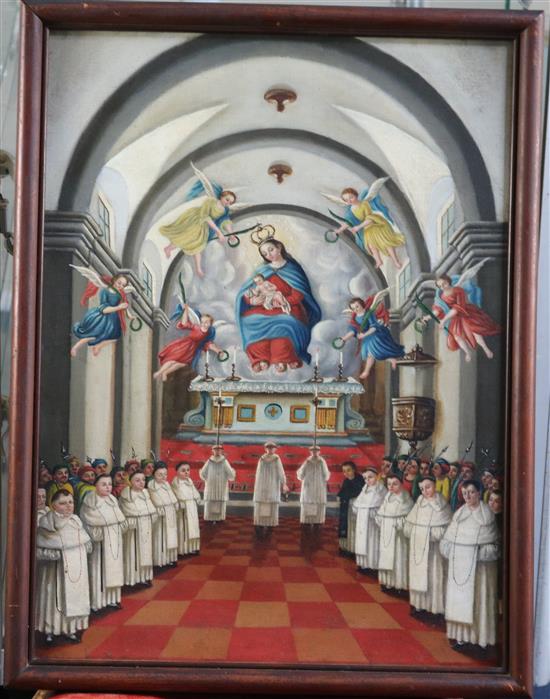 Cuzco School Church interior with Adoration of the Virgin 23 x 17in.